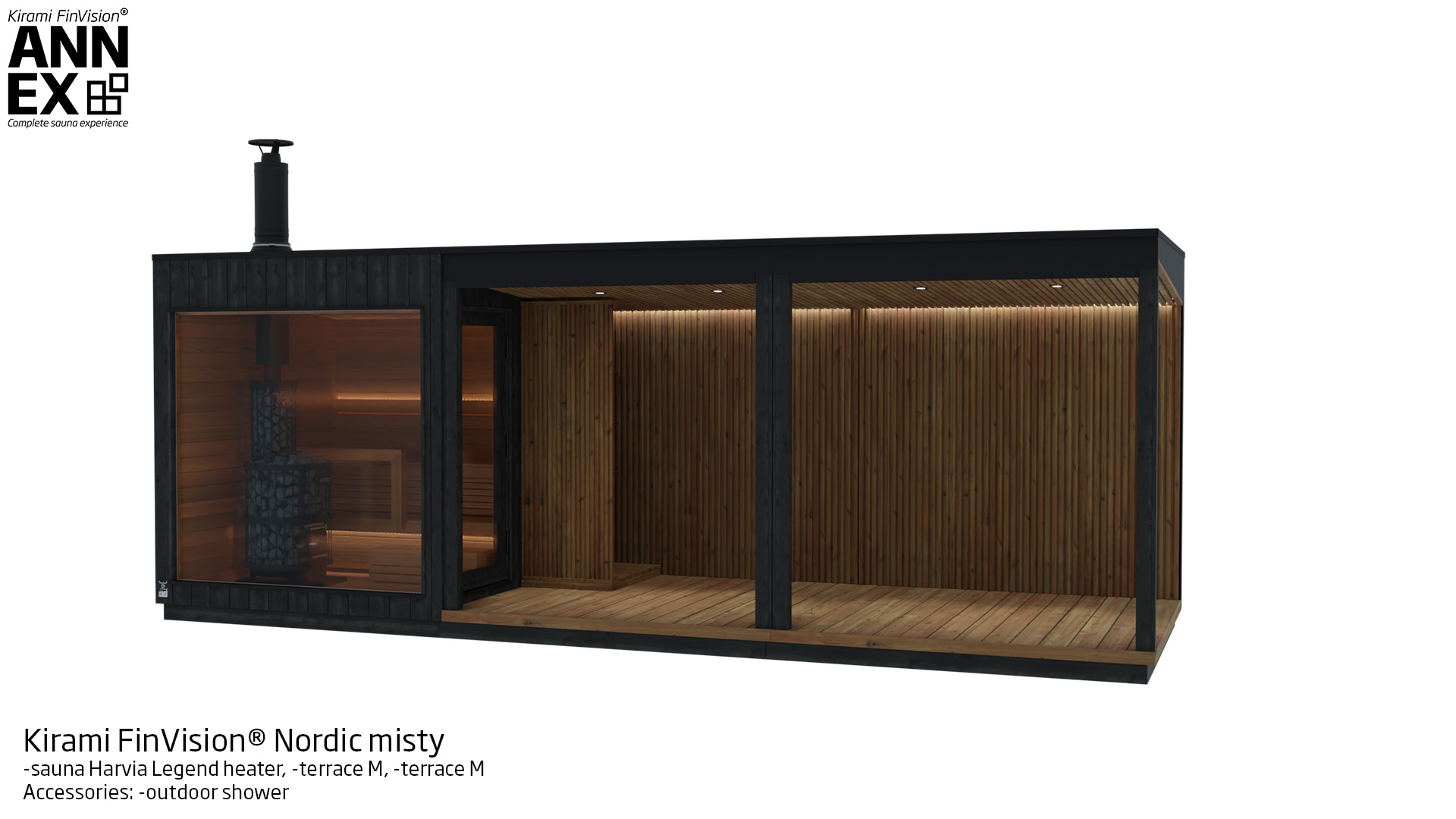 Kirami FinVision® -sauna (with Harvia Legend heater), -terrace M, -terrace M Nordic misty | Kirami FinVision® Annex